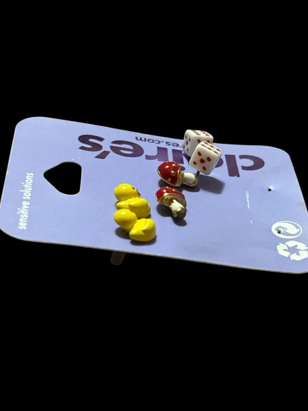 Claire's Yellow Duck, Red Mushroom & White Dice Stud Earrings